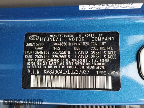 2020 Hyundai Tucson Limited z VIN KM8J3CALXLU227937, wystawiony jako Copart lot #60538825 z przebiegiem 40 061 mil mil oraz Szkoda całkowita • Salvage title. Historia ofert i sprzedaży dostępna na DreamBid. Obrazek 14.