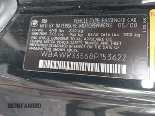2008 BMW 3 Series 328i with VIN WBAWR33568P153622, listed as a IAAI auction lot 42237805 with 128,901 mi miles and . Bid and sale history available at DreamBid. Image 9.