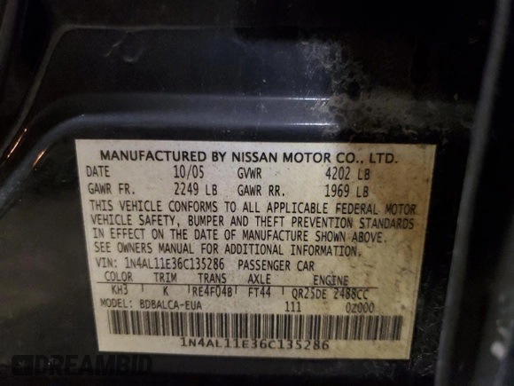 2006 Nissan Altima S with VIN 1N4AL11E36C135286, listed as a Copart auction lot 57799875 with Not provided miles and Salvage title. Bid and sale history available at DreamBid. Image 10.