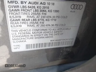 2019 Audi Q7 Premium with VIN WA1AHAF72KD014706, listed as a IAAI auction lot 42568441 with 43,763 mi miles and . Bid and sale history available at DreamBid. Image 9.