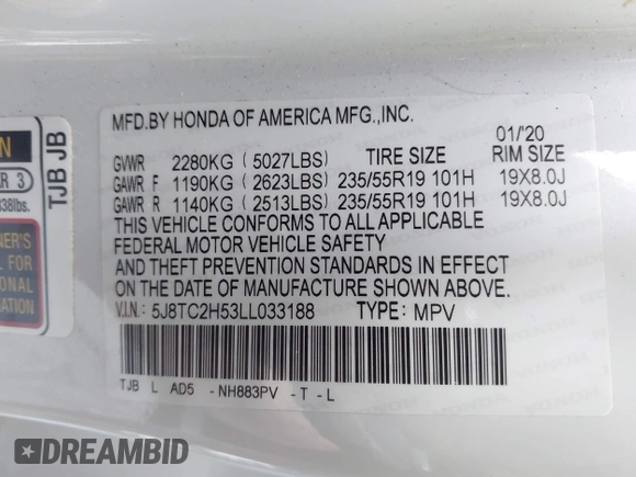 2020 Acura RDX Technology with VIN 5J8TC2H53LL033188, listed as a IAAI auction lot 41820947 with 55,488 mi miles and . Bid and sale history available at DreamBid. Image 9.
