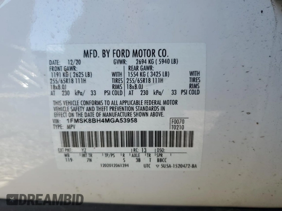 2021 Ford Explorer with VIN 1FMSK8BH4MGA53958, listed as a Copart auction lot 50898095 with 13,406 mi miles and Salvage Title. Bid and sale history available at carsss.com. Image 13.