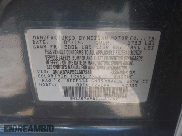 2014 Nissan Sentra SR z VIN 3N1AB7AP5EL687248, wystawiony jako IAAI lot #41880021 z przebiegiem 154 634 mil mil oraz . Historia ofert i sprzedaży dostępna na DreamBid. Obrazek 9.