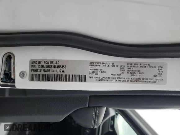 2021 Jeep Grand Cherokee Limited with VIN 1C4RJKBG5M8158853, listed as a Copart auction lot 51204005 with 26,280 mi miles and Salvage Title. Bid and sale history available at DreamBid. Image 14.
