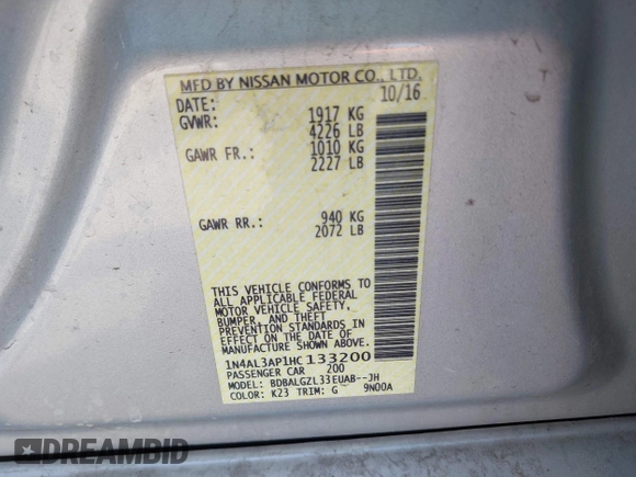 2017 Nissan Altima SV with VIN 1N4AL3AP1HC133200, listed as a IAAI auction lot 41996708 with 80,196 mi miles and . Bid and sale history available at carsss.com. Image 9.