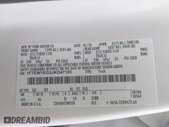 2018 Ford F-150 XL with VIN 1FTEW1EG3JKD47103, listed as a IAAI auction lot 42295205 with 187,501 mi miles and . Bid and sale history available at DreamBid. Image 9.