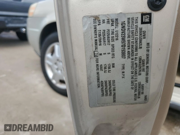 2007 Chevrolet Uplander LS Fleet with VIN 1GNDV23W97D193807, listed as a Copart auction lot 74736844 with 0 mi miles and Salvage Title. Bid and sale history available at carsss.com. Image 14.