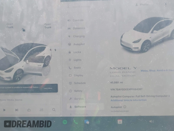 2023 Tesla Model Y Long Range with VIN 7SAYGDEEXPF684287, listed as a IAAI auction lot 41961230 with 45,080 mi miles and . Bid and sale history available at carsss.com. Image 7.