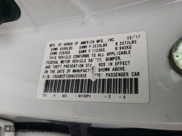 2017 Acura TLX V6 with VIN 19UUB2F30HA005909, listed as a Copart auction lot 61299515 with 144,648 mi miles and Salvage title. Bid and sale history available at DreamBid. Image 12.