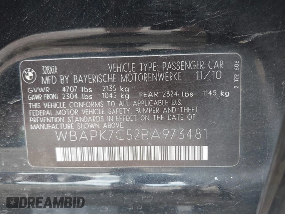 2011 BMW 3 Series 328i xDrive with VIN WBAPK7C52BA973481, listed as a IAAI auction lot 42553920 with 212,432 mi miles and . Bid and sale history available at DreamBid. Image 9.