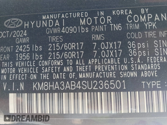 2025 Hyundai Kona SE with VIN KM8HA3AB4SU236501, listed as a IAAI auction lot 41595123 with 3,697 mi miles. Bid and sale history available at carsss.com. Image 9.