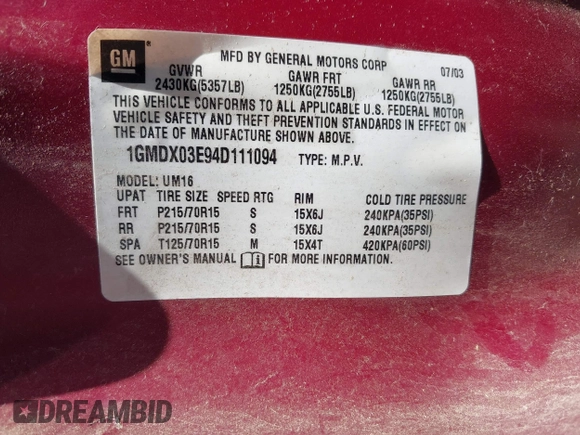 2004 Pontiac Montana 1SA with VIN 1GMDX03E94D111094, listed as a IAAI auction lot 41988723 with Not Provided miles and . Bid and sale history available at DreamBid. Image 9.