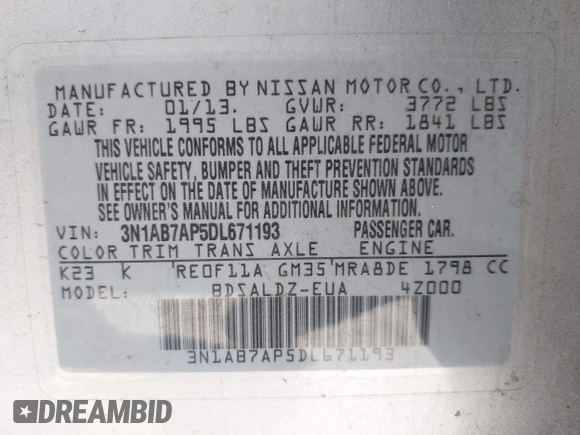 2013 Nissan Sentra SR with VIN 3N1AB7AP5DL671193, listed as a IAAI auction lot 42214306 with 150,088 mi miles and . Bid and sale history available at DreamBid. Image 9.