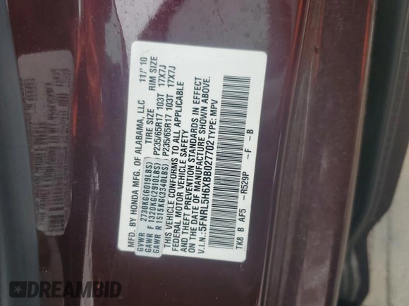 2011 Honda Odyssey EX-L with VIN 5FNRL5H6XBB027702, listed as a Copart auction lot 51978575 with 224,070 mi miles and Salvage Title. Bid and sale history available at DreamBid. Image 13.