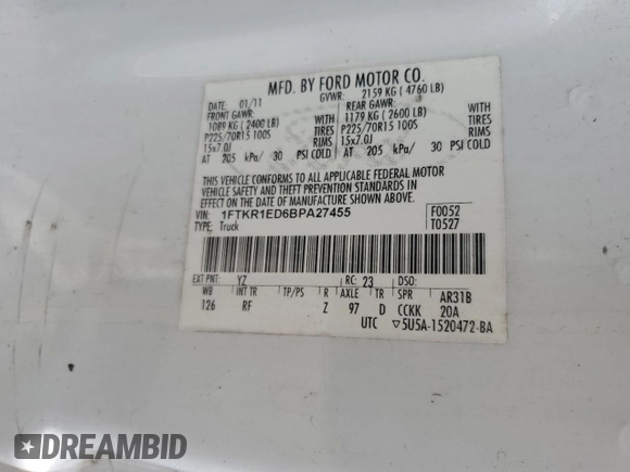 2011 Ford Ranger XL with VIN 1FTKR1ED6BPA27455, listed as a Copart auction lot 58354945 with 263,663 mi miles and Salvage title. Bid and sale history available at DreamBid. Image 12.