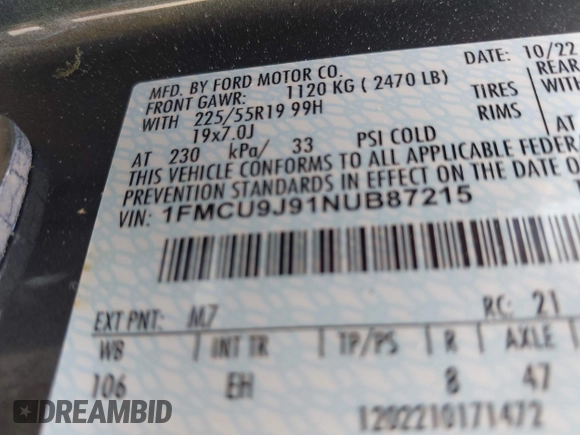 2022 Ford Escape Titanium with VIN 1FMCU9J91NUB87215, listed as a IAAI auction lot 42092928 with 3,255 mi miles and . Bid and sale history available at DreamBid. Image 9.