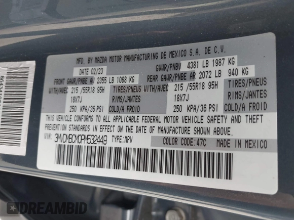2023 Mazda CX-30 S Carbon Edition with VIN 3MVDMBCM0PM532449, listed as a IAAI auction lot 41799255 with 60,604 mi miles and . Bid and sale history available at DreamBid. Image 9.