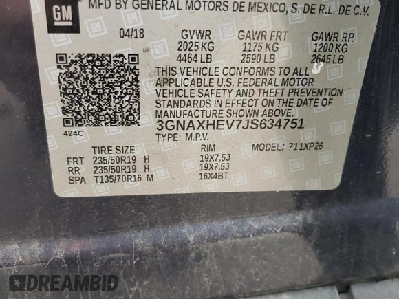 2018 Chevrolet Equinox LS with VIN 3GNAXHEV7JS634751, listed as a Copart auction lot 47396065 with 84,359 mi miles and Salvage Title. Bid and sale history available at DreamBid. Image 13.
