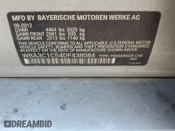 2013 BMW 3 Series 328i with VIN WBA3C1C54DF438084, listed as a Copart auction lot 59031185 with 177,625 mi miles and Clean title. Bid and sale history available at DreamBid. Image 12.