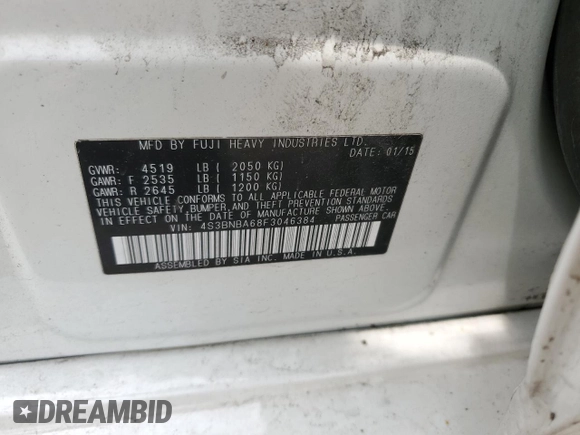 2015 Subaru Legacy 2.5i with VIN 4S3BNBA68F3046384, listed as a Copart auction lot 64255075 with 115,937 mi miles and Salvage title. Bid and sale history available at DreamBid. Image 12.