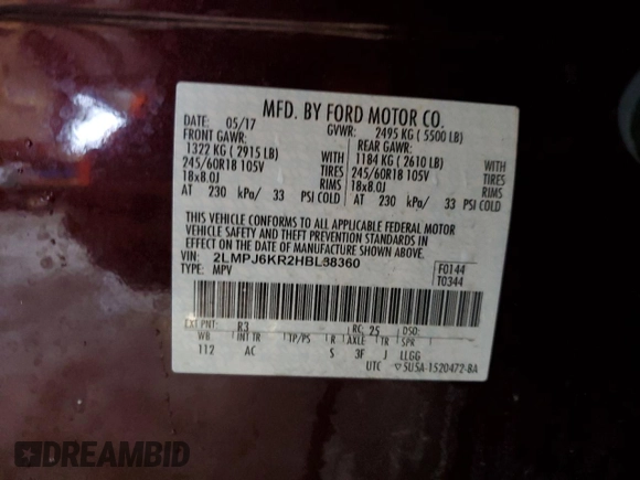 2017 Lincoln MKX Select with VIN 2LMPJ6KR2HBL38360, listed as a Copart auction lot 44761895 with 94,166 mi miles and Salvage Title. Bid and sale history available at carsss.com. Image 15.