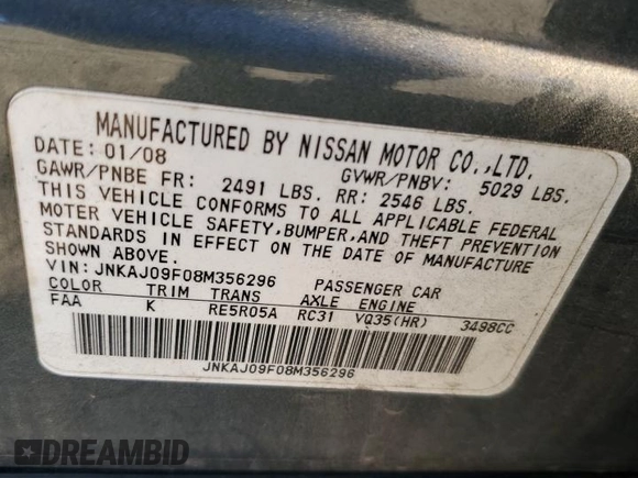 2008 Infiniti EX Journey with VIN JNKAJ09F08M356296, listed as a Copart auction lot 76591504 with 182,303 mi miles and Salvage Title. Bid and sale history available at DreamBid. Image 13.