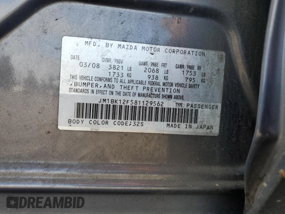 2008 Mazda 3 i Sport with VIN JM1BK12F581129562, listed as a Copart auction lot 47996295 with 101,433 mi miles and Salvage Title. Bid and sale history available at DreamBid. Image 12.