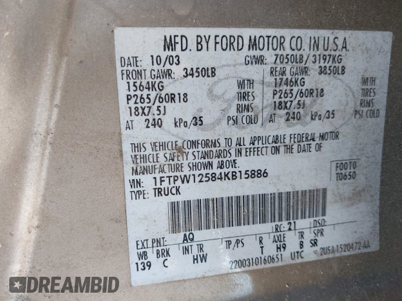 2004 Ford F-150 XLT with VIN 1FTPW12584KB15886, listed as a IAAI auction lot 41720147 with 226,881 mi miles. Bid and sale history available at carsss.com. Image 9.