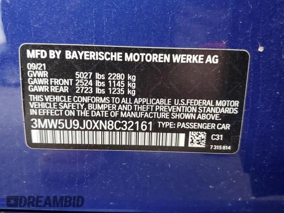 2022 BMW 3 Series M340i xDrive with VIN 3MW5U9J0XN8C32161, listed as a Copart auction lot 87854225 with 14,917 mi miles and Salvage Title. Bid and sale history available at carsss.com. Image 12.