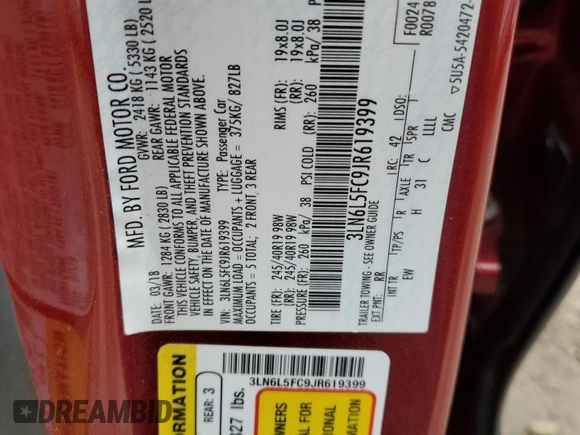 2018 Lincoln MKZ Reserve with VIN 3LN6L5FC9JR619399, listed as a Copart auction lot 43175325 with 48,617 mi miles and Salvage Title. Bid and sale history available at DreamBid. Image 12.