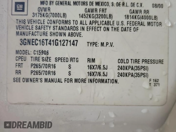 2001 Chevrolet Suburban LS z VIN 3GNEC16T41G127147, wystawiony jako Copart lot #56017935 z przebiegiem Nie podano mil oraz Szkoda całkowita • Salvage title. Historia ofert i sprzedaży dostępna na DreamBid. Obrazek 13.