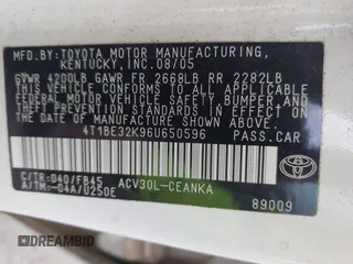 2006 Toyota Camry STD with VIN 4T1BE32K96U650596, listed as a IAAI auction lot 42501854 with Not provided miles and . Bid and sale history available at DreamBid. Image 9.