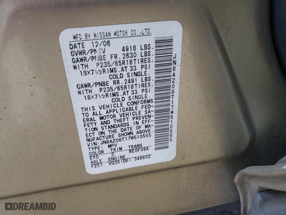 2007 Nissan Murano SL with VIN JN8AZ08T17W510555, listed as a Copart auction lot 46478495 with 144,265 mi miles and Salvage Title. Bid and sale history available at carsss.com. Image 13.