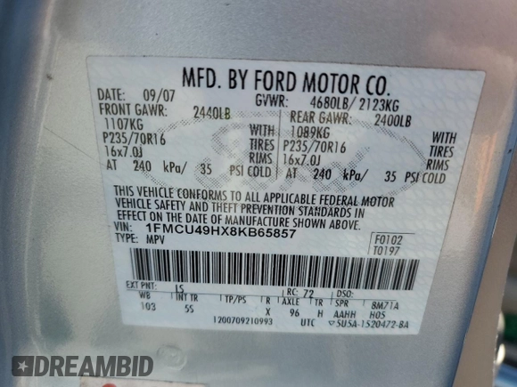 2008 Ford Escape Hybrid with VIN 1FMCU49HX8KB65857, listed as a Copart auction lot 51710705 with 229,718 mi miles and Salvage title. Bid and sale history available at DreamBid. Image 13.