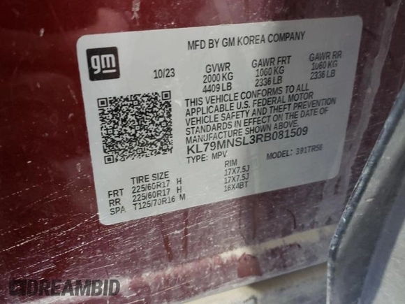2024 Chevrolet TrailBlazer LS with VIN KL79MNSL3RB081509, listed as a Copart auction lot 86364794 with 25,550 mi miles and Salvage Title. Bid and sale history available at DreamBid. Image 13.