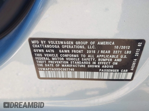 2013 Volkswagen Passat Wolfsburg Edition z VIN 1VWAP7A3XDC057745, wystawiony jako IAAI lot #42403087 z przebiegiem 40 312 mil mil oraz . Historia ofert i sprzedaży dostępna na DreamBid. Obrazek 9.