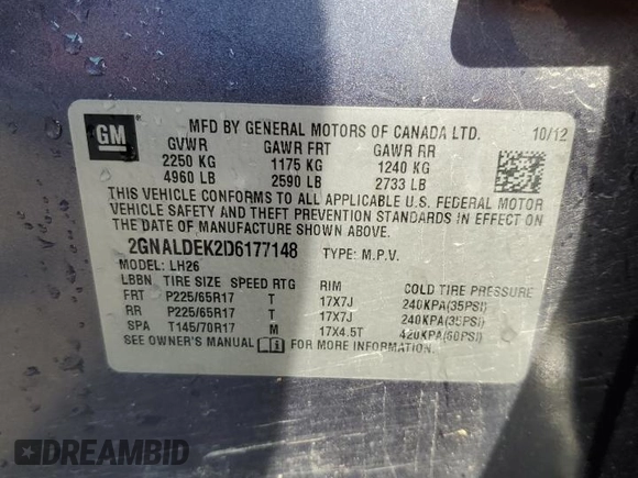 2013 Chevrolet Equinox LT with VIN 2GNALDEK2D6177148, listed as a Copart auction lot 55315075 with 223,807 mi miles and Clean Title. Bid and sale history available at DreamBid. Image 13.
