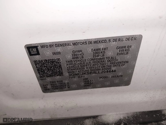 2020 Chevrolet Trax LS with VIN 3GNCJKSB8LL294444, listed as a IAAI auction lot 41724891 with 27,101 mi miles. Bid and sale history available at carsss.com. Image 9.