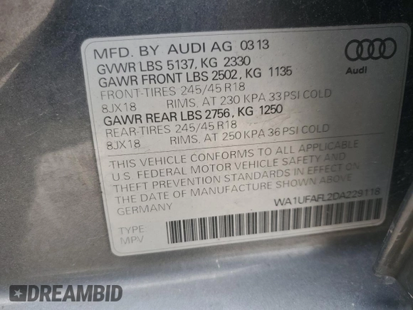 2013 Audi allroad A4 Premium Plus with VIN WA1UFAFL2DA229118, listed as a Copart auction lot 52048145 with 110,286 mi miles and Salvage Title. Bid and sale history available at DreamBid. Image 12.