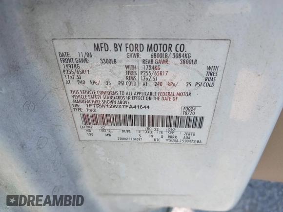 2007 Ford F-150 XLT with VIN 1FTRW12WX7FA41644, listed as a IAAI auction lot 42424652 with 423,890 mi miles and . Bid and sale history available at DreamBid. Image 9.
