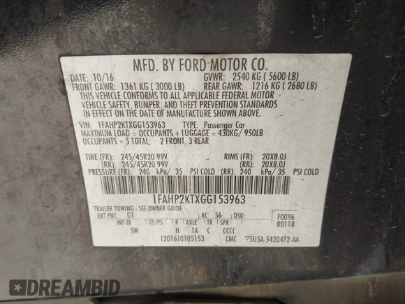 2016 Ford Taurus SHO z VIN 1FAHP2KTXGG153963, wystawiony jako IAAI lot #41825220 z przebiegiem Nie podano mil oraz . Historia ofert i sprzedaży dostępna na DreamBid. Obrazek 9.