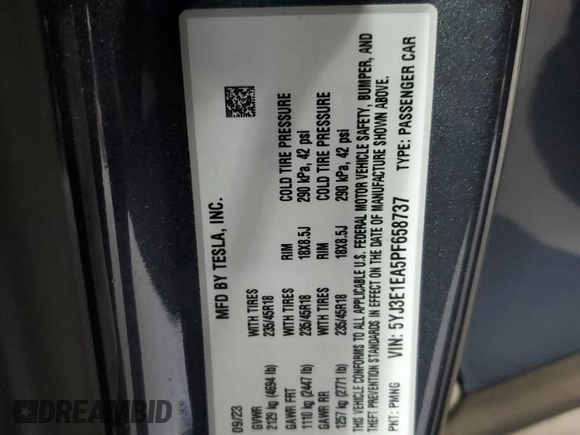 2023 Tesla Model 3 z VIN 5YJ3E1EA5PF658737, wystawiony jako Copart lot #56209345 z przebiegiem 10 226 mil mil oraz Szkoda całkowita • Salvage title. Historia ofert i sprzedaży dostępna na DreamBid. Obrazek 12.