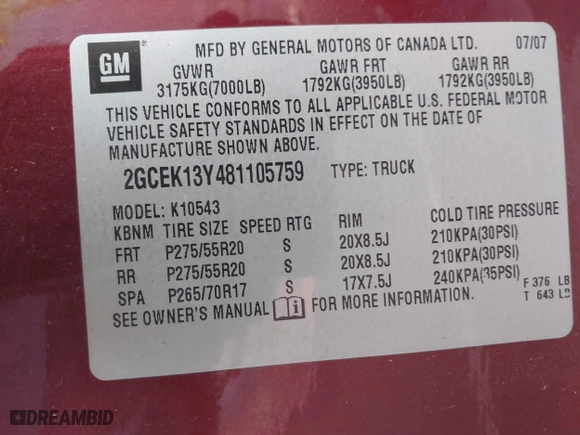 2008 Chevrolet Silverado 1500 LTZ with VIN 2GCEK13Y481105759, listed as a IAAI auction lot 41992739 with 110,122 mi miles. Bid and sale history available at carsss.com. Image 9.