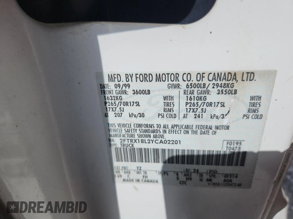 2000 Ford F-150 XL with VIN 2FTRX18L2YCA02201, listed as a Copart auction lot 59428435 with Not provided miles and Non repairable. Bid and sale history available at DreamBid. Image 12.