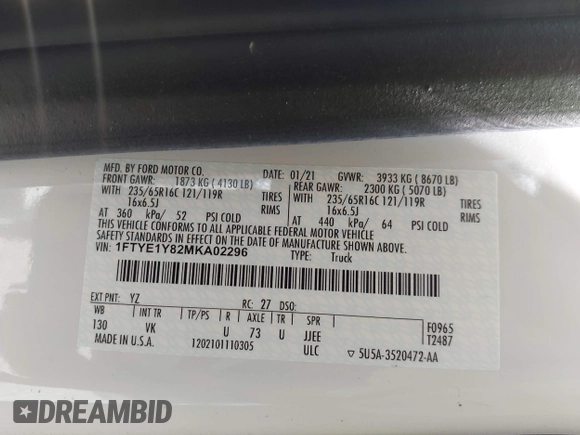 2021 Ford Transit Cargo with VIN 1FTYE1Y82MKA02296, listed as a IAAI auction lot 42377720 with 50,942 mi miles and . Bid and sale history available at DreamBid. Image 9.