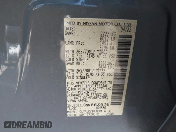 2022 Nissan Frontier SV with VIN 1N6ED1EJ3NN668626, listed as a IAAI auction lot 42127772 with 19,951 mi miles and . Bid and sale history available at DreamBid. Image 9.