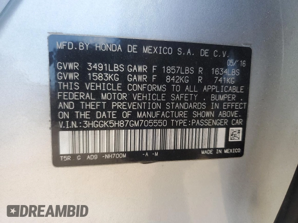 2016 Honda Fit EX-L with VIN 3HGGK5H87GM705550, listed as a Copart auction lot 56418485 with 73,587 mi miles and Salvage title. Bid and sale history available at DreamBid. Image 13.