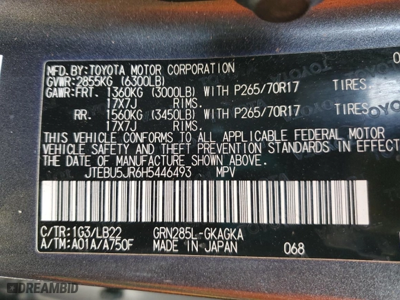 2017 Toyota 4Runner SR5 with VIN JTEBU5JR6H5446493, listed as a Copart auction lot 52228795 with 159,450 mi miles and Salvage Title. Bid and sale history available at carsss.com. Image 14.