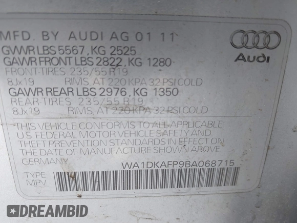 2011 Audi Q5 Premium Plus с VIN WA1DKAFP9BA068715, выставлен на аукционе IAAI как лот 41867985 с пробегом 147 207 миль миль и . История ставок и продаж доступна на DreamBid. Изображение 9.