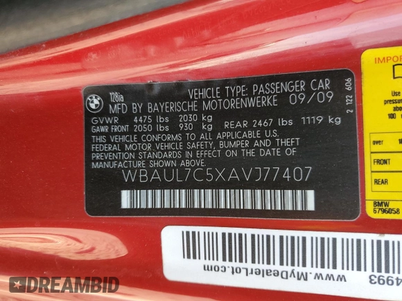 2010 BMW 1 Series 128i with VIN WBAUL7C5XAVJ77407, listed as a Copart auction lot 75903634 with 127,619 mi miles and Salvage title. Bid and sale history available at DreamBid. Image 12.